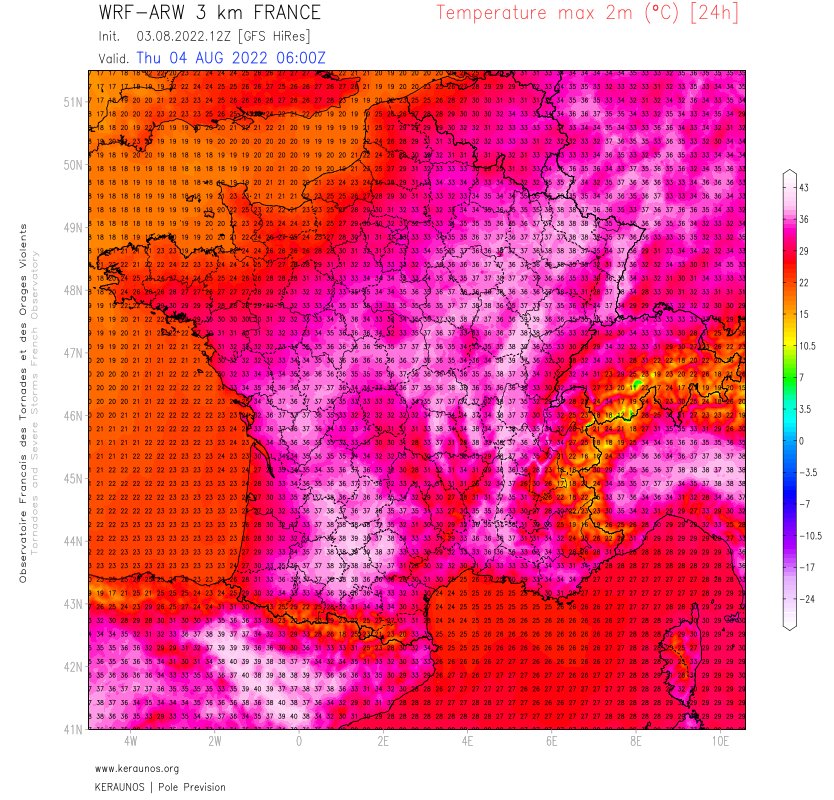 Demain jeudi, les températures vont baisser sur le nord-ouest mais resteront très élevées notamment du midi toulousain au Lyonnais et val de Saône avec 38 à 39, localement 40°C. 