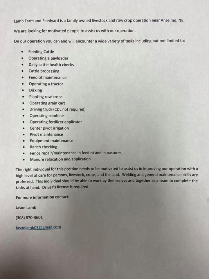 Family farm near Anselmo, NE looking for employees. We offer health insurance, paid time off, “Simple” company matching ira, and overtime pay. Contact info is in the description.