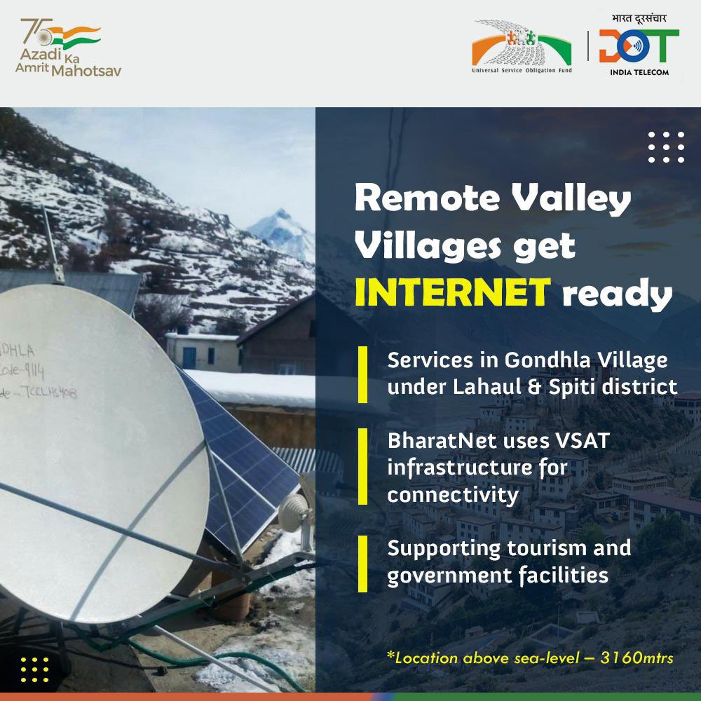#BharatNet brings #internet to Gondhla Village of #Lahaul &amp; #Spiti district in #HimachalPradesh. Situated at 3160 MSL #VSAT technology installed to provide unmatched easy access to #government services and #connecting mountainous villages.
<a href="/DoT_India/">DoT India</a> <a href="/AshwiniVaishnaw/">Ashwini Vaishnaw</a> <a href="/devusinh/">Devusinh Chauhan</a>