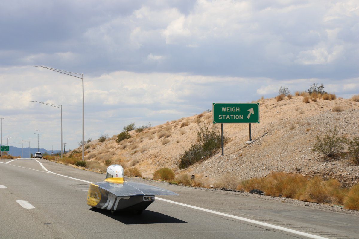 UMSolarCarTeam's tweet photo. At 108 degrees F, the Mojave Desert presented the hottest challenge for Aevum. After the team stopped at Roy's Motel &amp; Café to recharge, we rerouted down Route 66 and onto I-40 West due to construction. Now, the end is within sight. Los Angeles, here we come!

#MichiganSunRun https://t.co/wfinJdBNeF