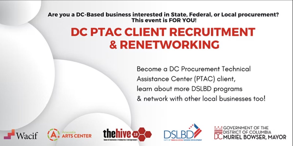 SmallBizDC's tweet photo. #DCPTAC Recruitment & Re-networking for DC Based Businesses: August 9, 2022
#DSLBD is excited to partner with the @Wacif to host a DC-based business Recruitment and Re-networking event at the Anacostia Arts Center.
To register: https://t.co/DjfBg78ODV https://t.co/dioD3OhgrT