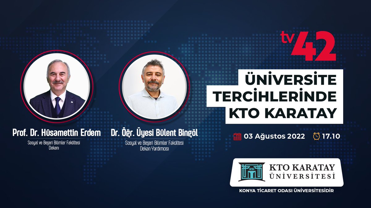 Üniversitemiz Sosyal ve Beşeri Bilimler Fakültesi Dekanı Prof. Dr. Hüsamettin Erdem ve Dekan Yardımcısı Dr. Öğr. Üyesi Bülent Bingöl, <a href="/tv42resmi/">tv42</a> kanalında ❝Üniversite Tercihlerinde KTO Karatay❞ konusunu değerlendirecektir.

📺 TV42
⏰ 17.10
