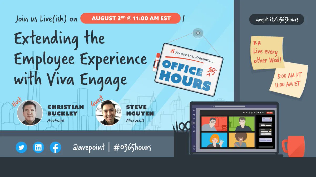 Christian Buckley (@buckleyplanet) on Twitter photo Join us at 11am Eastern this morning for another #O365hours broadcast as I connect with Microsoft's Steve Nguyen (<a href="/espnguyen/">Steve Nguyen</a>) to discuss "Extending the Employee Experience with Viva Engage" -- buff.ly/3RZwKIX
#EXP #microsoftviva #yammer #MVPBuzz Join us at 11am Eastern this morning for another #O365hours broadcast as I connect with Microsoft's Steve Nguyen (<a href="/espnguyen/">Steve Nguyen</a>) to discuss "Extending the Employee Experience with Viva Engage" -- buff.ly/3RZwKIX
#EXP #microsoftviva #yammer #MVPBuzz