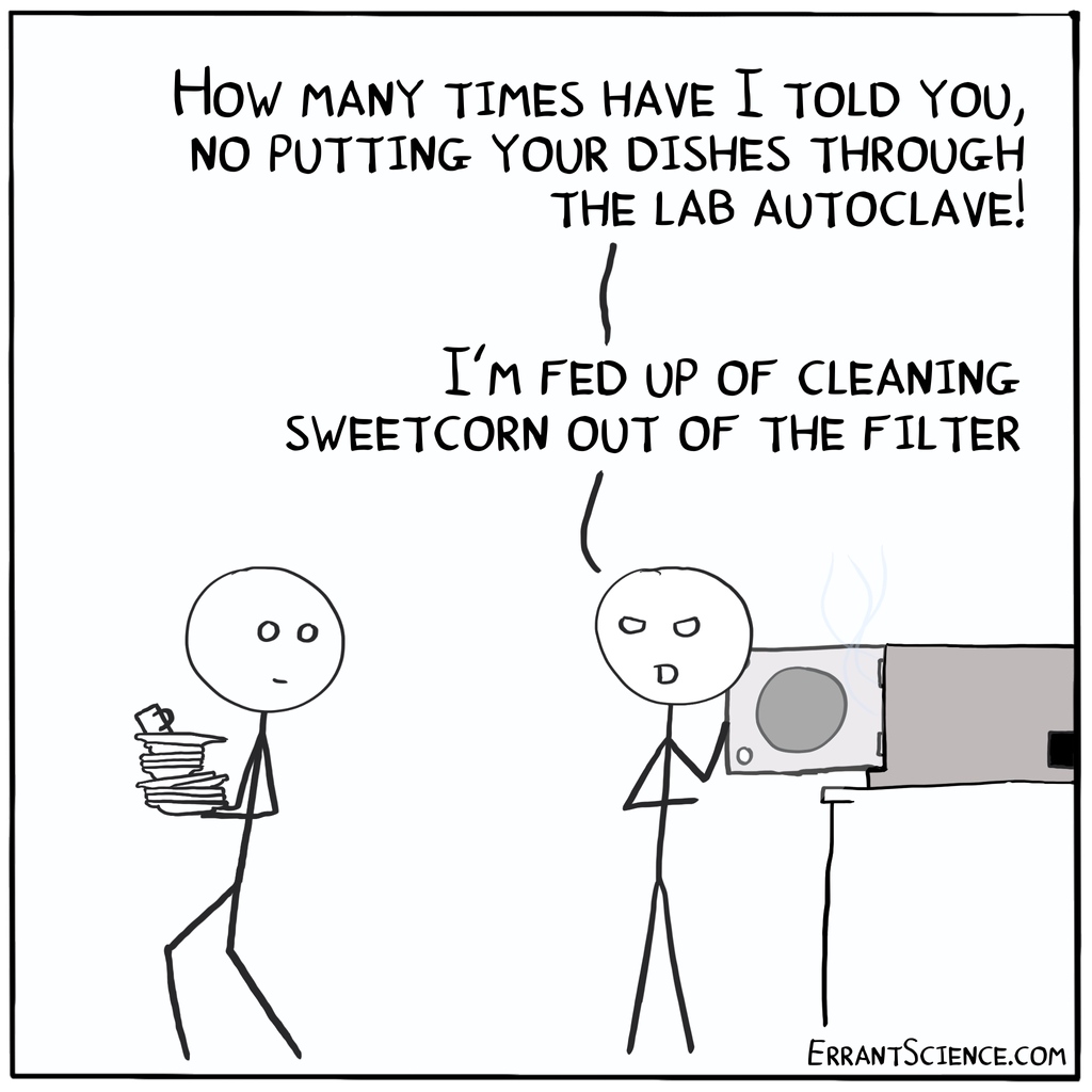 ErrantScience's tweet photo. Lab autoclaves do wonders for cleaning of those tough dried on food stains

#cartoon #academia #science https://t.co/oaQkuj5QvG