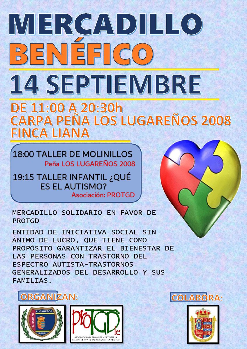 Lugarenos2008's tweet photo. ¡¡NO NOS PODÉIS FALLAR!!
El miércoles 14 de septiembre en nuestra carpa del Parque Liana y durante todo el día tenemos un evento solidario a favor de la Asociación @protgd que contará con varias actividades!! #OrgulloLugareño #Autismo #ProTGD #FiestasPatronalesSeptiembre2022 https://t.co/y5Hm3HD3oH