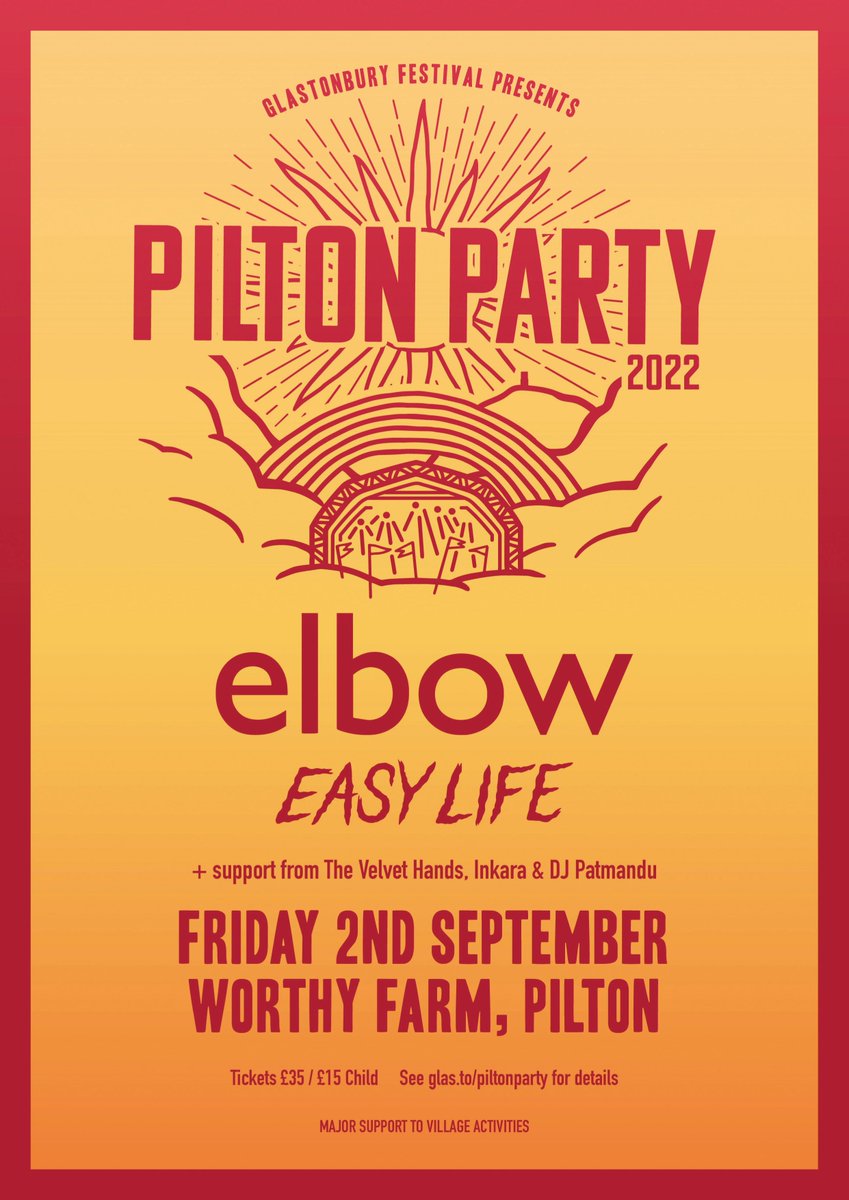 Pilton_Party's tweet photo. After three years away @Pilton_Party is back! The ‘thank you’ fundraising gig for locals takes place on Friday 2 Sept with @Elbow &amp; @EasyLife performing! 

Tickets on sale Sat 6 Aug from the old Festival office in Northload St, Glastonbury.

More info -> https://t.co/FfafkLJFbl https://t.co/B7MCKJDQbJ