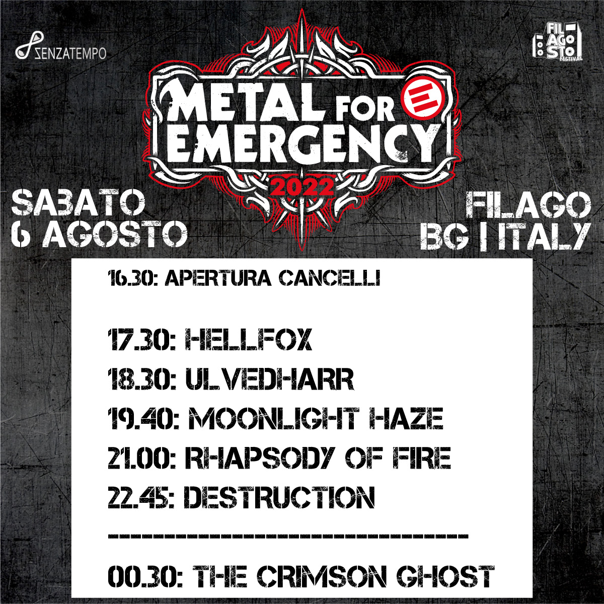MoonlightHBand's tweet photo. Ci vediamo questo sabato al #METALFOREMERGENCY 2022!๐๐ค
โก๏ธOrari:
16:30 Apertura Cancelli e Stands
17:30 Hellfox
18:30 @Ulvedharr_tweet
19:40 Moonlight Haze ๐
21:00 @_rhapsodyoffire
22:45 @destruction
.
#moonlighthaze #animus #powermetal #symphonicmetal #Metal https://t.co/XpuRx8h3cs