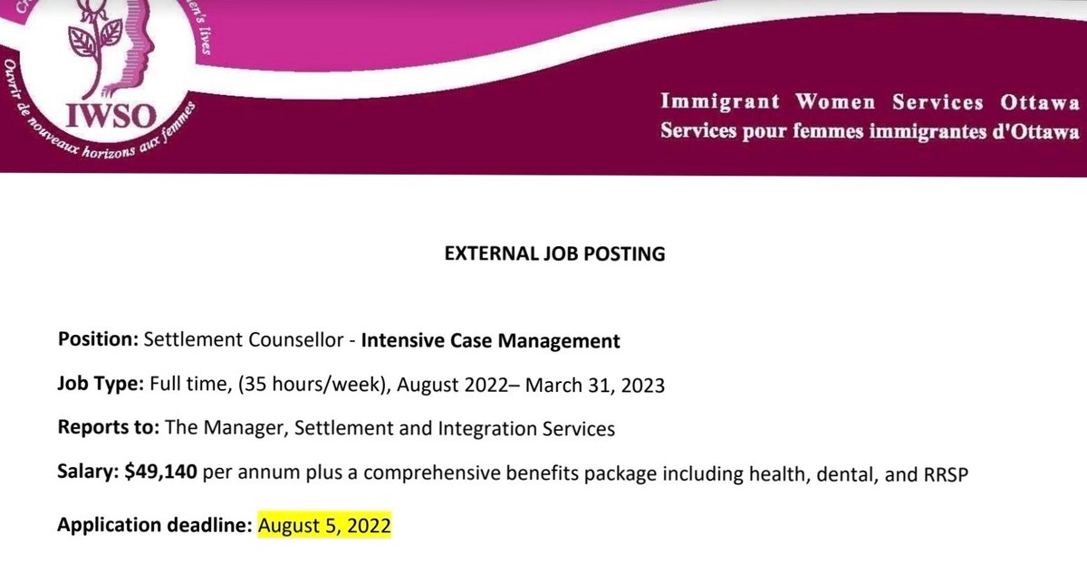 ImmigrantWomen's tweet photo. Friday, August 5th is the last day to apply for the Settlement Counsellor position with IWSO
https://t.co/lKVda3kXeE
https:https://t.co/Xubq8LT7nA
#ViolenceAgainstWomen #immigrationsservices #feminism #UnsafeatHomeOttawa #WeAreHereForYou #ottnews #ottcity https://t.co/kLXkfC08fG