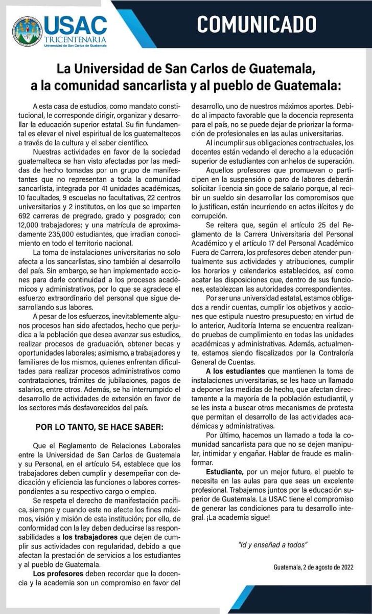 La formación de profesionales representa un impacto favorable para el país, es por ello que la docencia universitaria es una prioridad para #USAC.