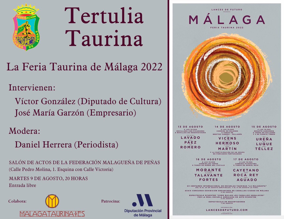 ⭕️ TERTULIA || La @FMPLaAlcazaba organiza el martes 9 de agosto su tertulia taurina con la participación de @malagataurinaes