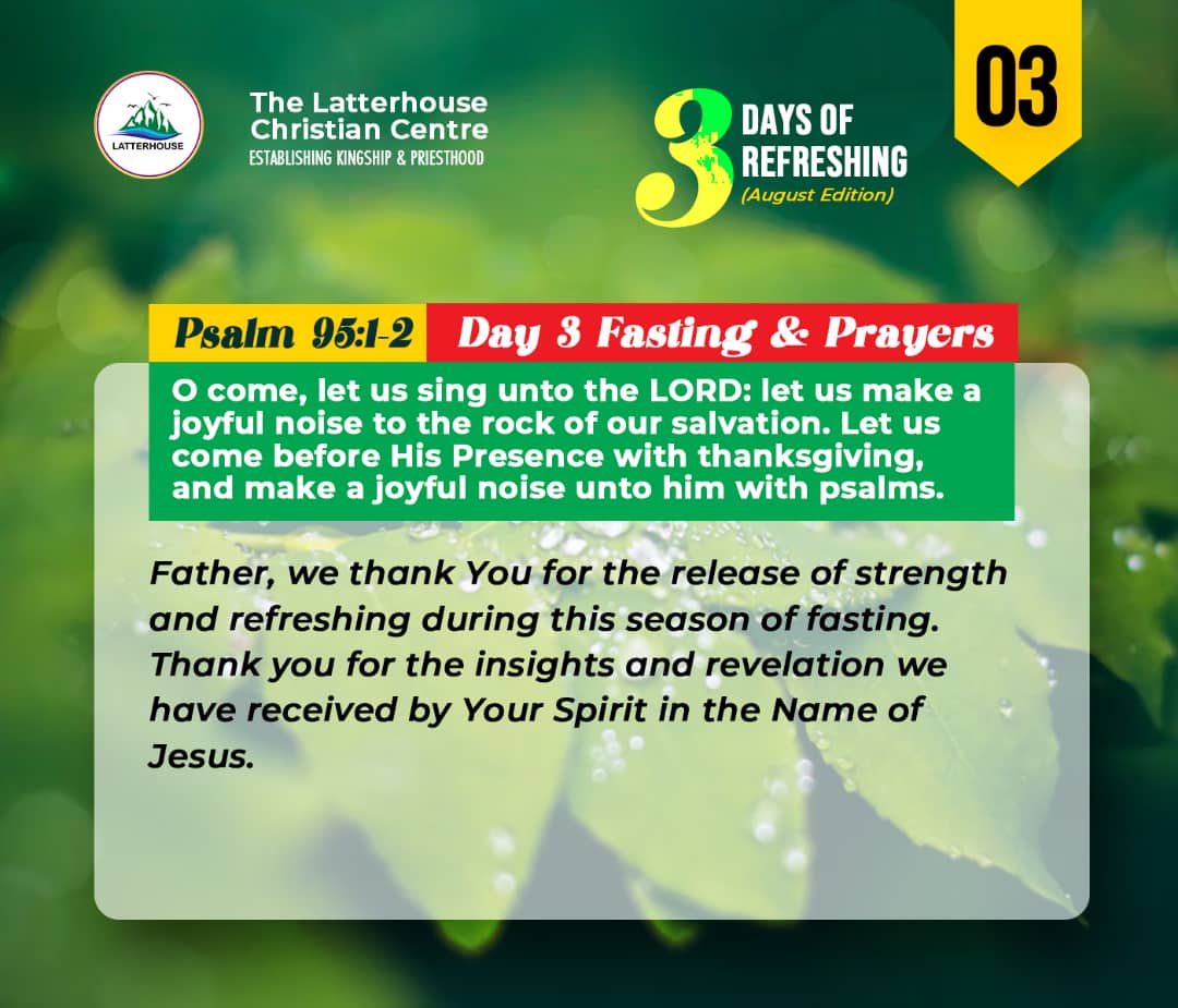 Bamshaque's tweet photo. This is the Final Day of 3 days of Refreshing for the Month of August.
Hosea 6:2 After two days will he revive us: in the third day he will raise us up &amp; we shall live in his sight.
Get Set to be Restored.Revived. And Raised Up In Jesus Name.
Join Us
#Latterhouse #3DaysOfRefresh https://t.co/Zn6w5H27l6