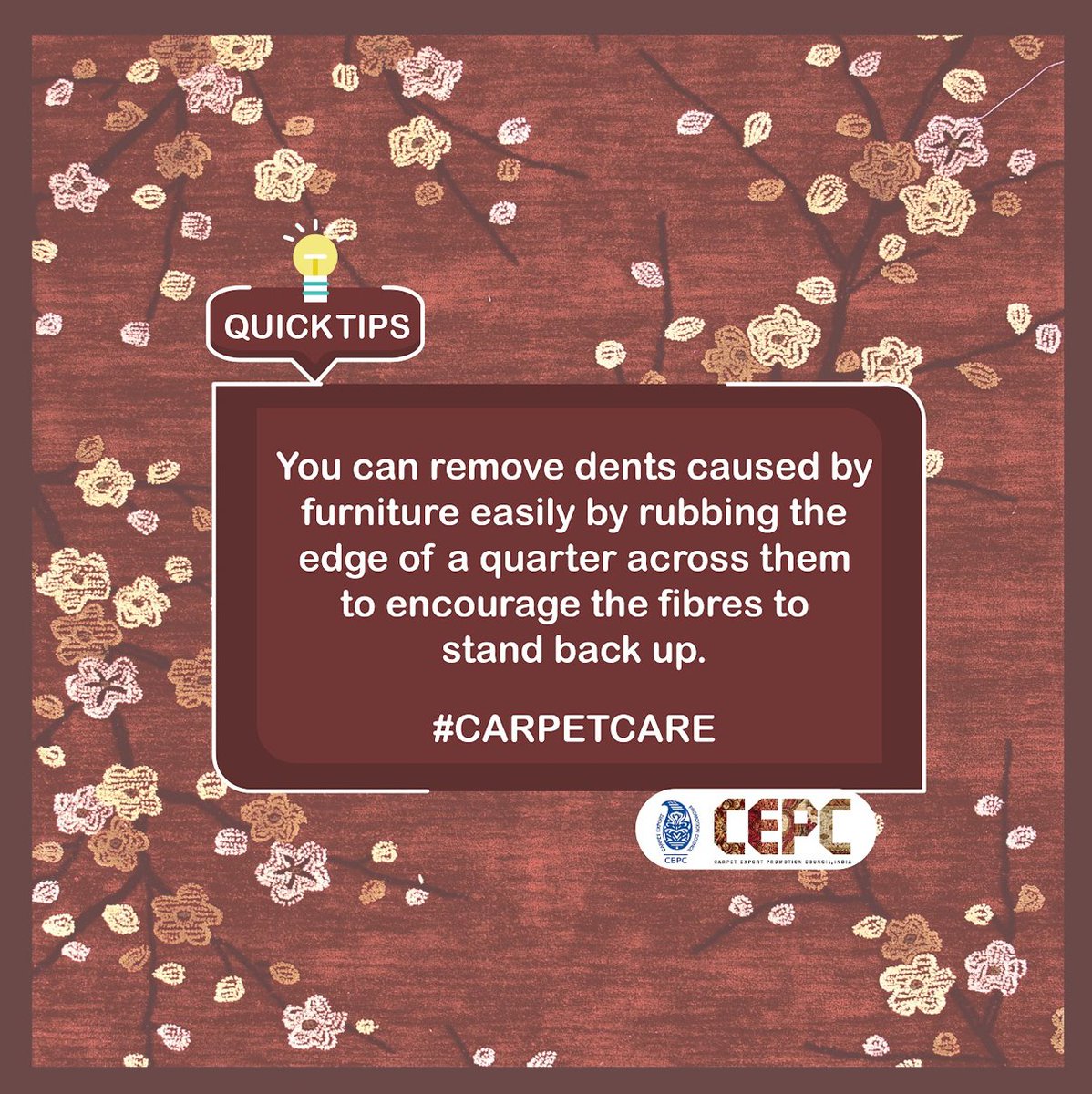 cepcindia's tweet photo. Our Carpet 101 tips are directly crafted by experts for you! Don't believe us? Give it a try and let us know...
#CarpetTips #CarpetCare #carpetsofindia #handknottedcarpets #carpetweaving #carpetdesigns #carpetindustry #indiancarpets #indianhandicrafts #Handloom
@TexMinIndia https://t.co/3FWFKdRakM