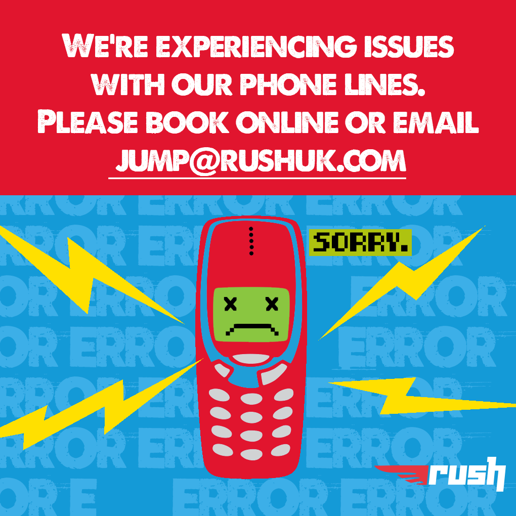 RushBirmingham's tweet photo. ⚠️We're experiencing issues with our phone lines.

🖱️📧💬 You can still book online and contact us via DM &amp; webchat, or send us an email to info@airhoppark.com.

We apologise for any inconveniences caused,

Team Rush https://t.co/jh3jJwybQf