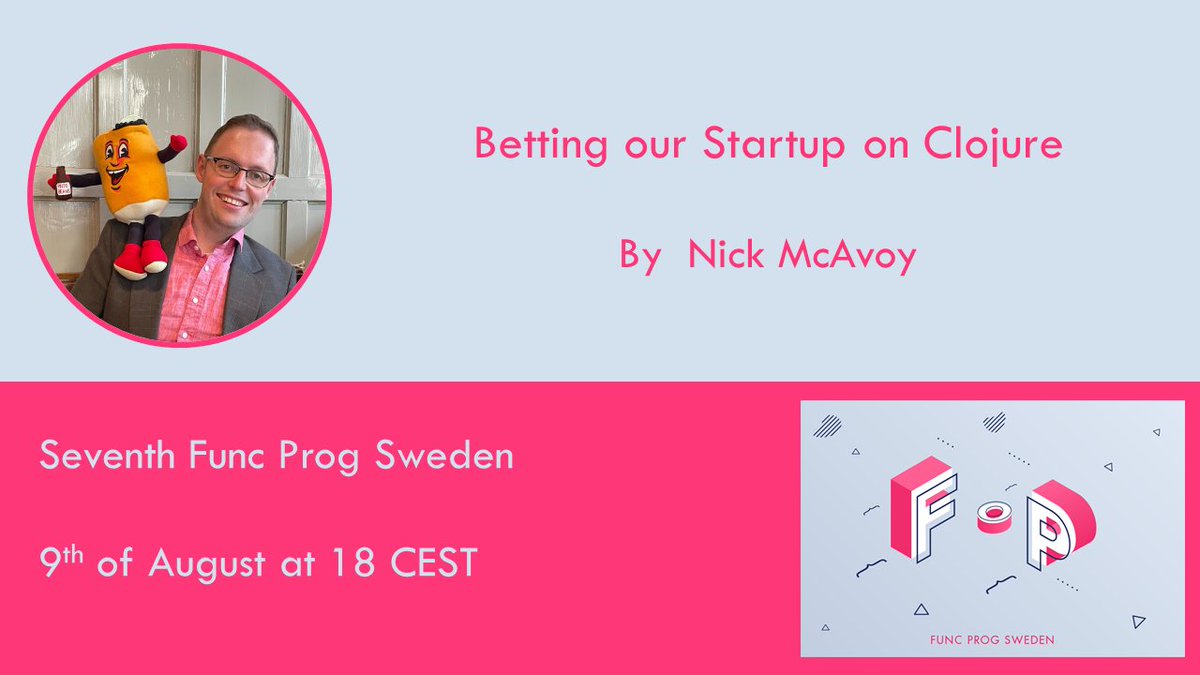 Second presentation at the next Func Prog Sweden: Betting our Startup on Clojure by <a href="/ohbadiah/">Nicholas McAvoy</a> 

Register for free and read more at: meetup.com/func-prog-swed…

And you can join from anywhere as we are live streaming.

#funcprogsweden #functional #programming #clojure #startup