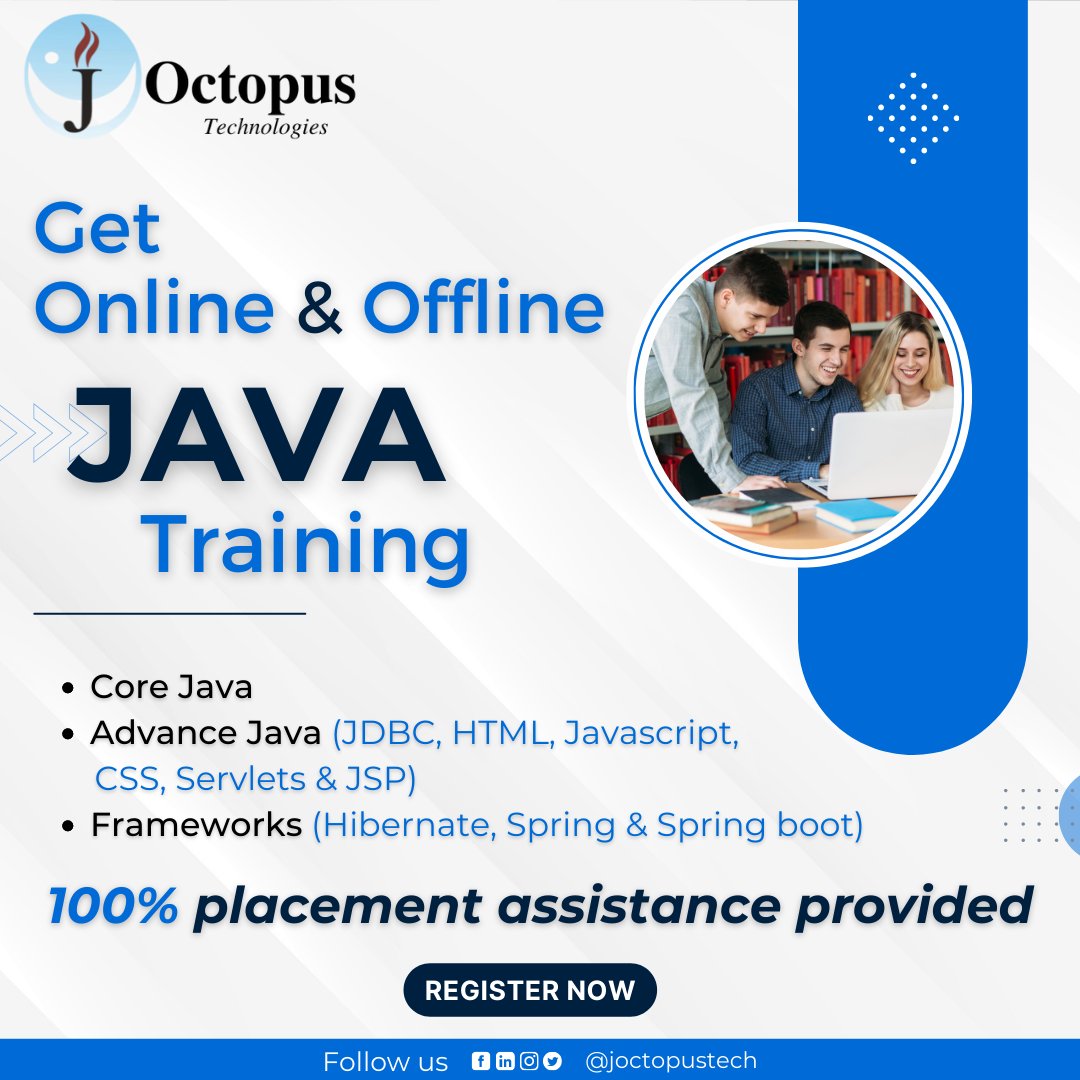 Joctopustech's tweet image. Upskill your career with Joctopus Technologies JAVA classes with Job Guarantee Program. "Learn from professionals and get hired by top companies"
Hurry Up! Register now 👇👇
Classes starting from 27/AUGUST/2022
#JavaClasses #Registernow #Register #JavaCourse #LearnJava