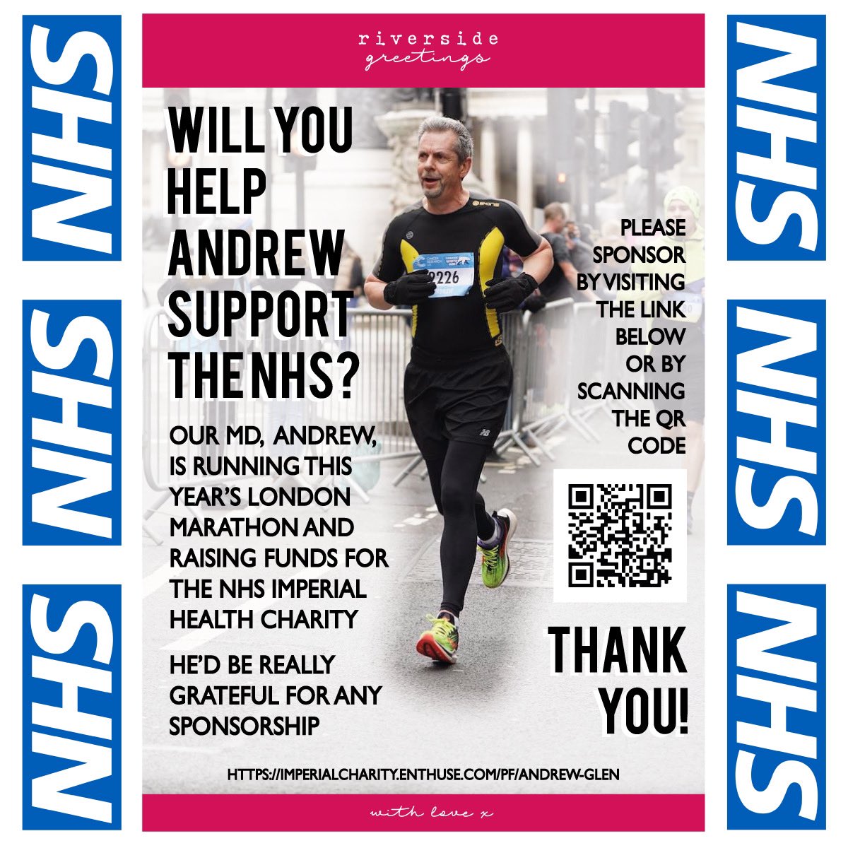 RiversideCards's tweet photo. Will you help our MD, Andrew, support the NHS? 🏃♂️
Any sponsorship would be gratefully appreciated to help him reach his target 🎯
https://t.co/DdMQNjEDbt
#marathon #londonmarathon #londonmarathontraining #supportingthenhs #supportnhs #nhs #sponsor #sponsorship https://t.co/RBeMkNkRhz