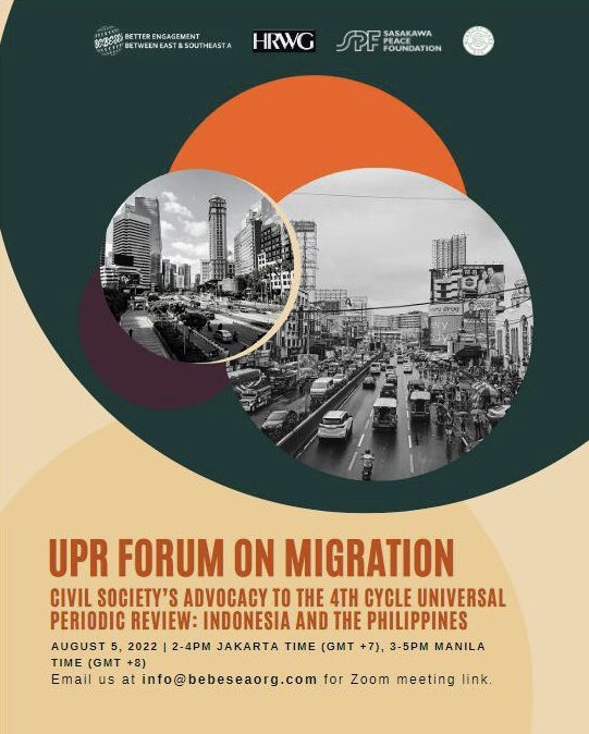 📢 Join us on Friday 5th August! 

UPR Forum on Migration
Civil Society's Advocacy to the 4th Cycle Universal Periodic Review: Indonesia and the Philippines.

Email us info@bebesea.com for zoom meeting link! 

 <a href="/bebeseaorg/">Better Engagement Between East and Southeast Asia</a> #migration #UPRcycle4 #Humanrights #migrantworkers