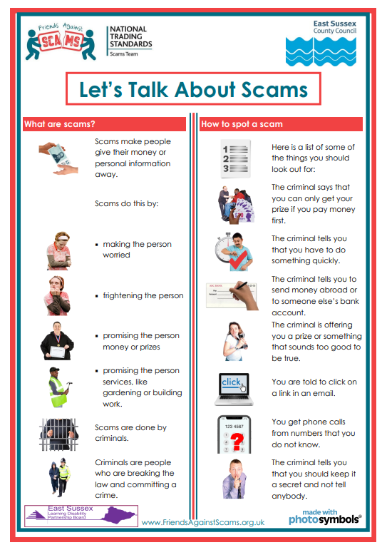 Accessible training and easy read resources about #Scams have been developed by @AgainstScams @EastSussexCC Learning Disability Partnership Board

Please share the link below throughout your communities and organisations

friendsagainstscams.org.uk/easyread 

#ScamAware