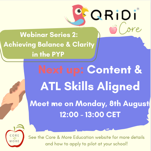 c_orkiszlang's tweet image. You are welcome to attend the second of six feature presentation webinars in Series 2 Achieving Balance &amp;amp; Clarity in the PYP this Monday, 8th August looking at Content &amp;amp; ATIL Skills Aligned! Join with Google Meet here: meet.google.com/cwm-dnur-vji

#pyp #coreandmore #qridi #qridicore
