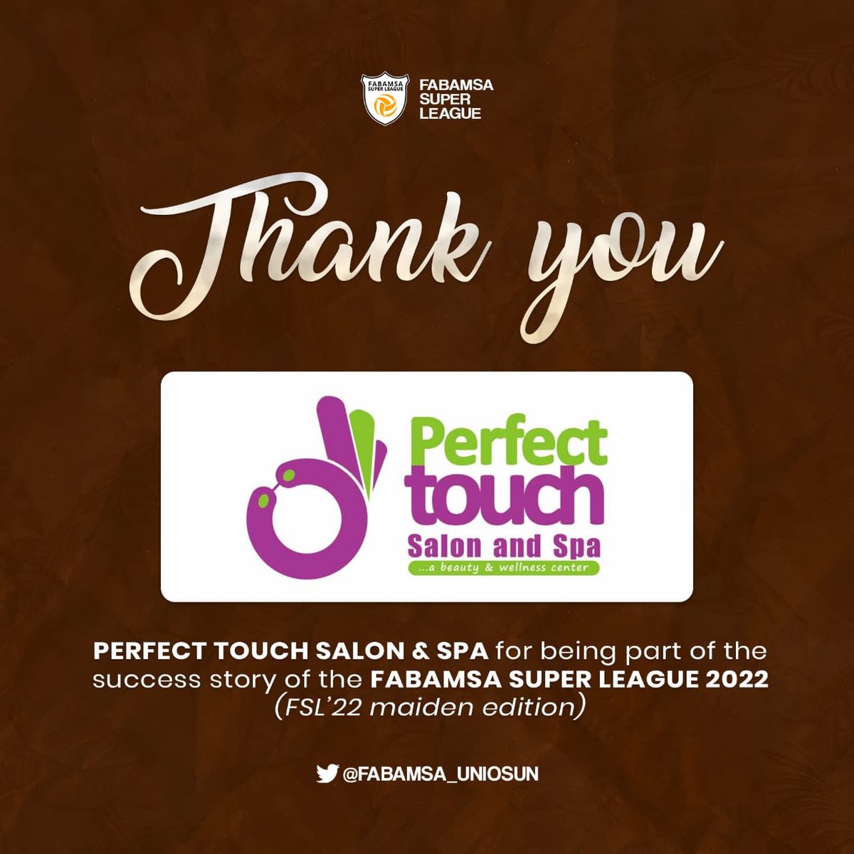 FABAMSA_UNIOSUN's tweet photo. Appreciation π₯π₯
@PerfectTouch201 We are happy and appreciate your contribution towards the success story of the maiden #FSL edition.
We look forward to a bigger #FSL next year with a bigger contribution from you βΊοΈπ€
#FSL #FABAMSASuperLeague #FSLTheBeginning #FSLUNIOSUN https://t.co/LaEX6XhHQD