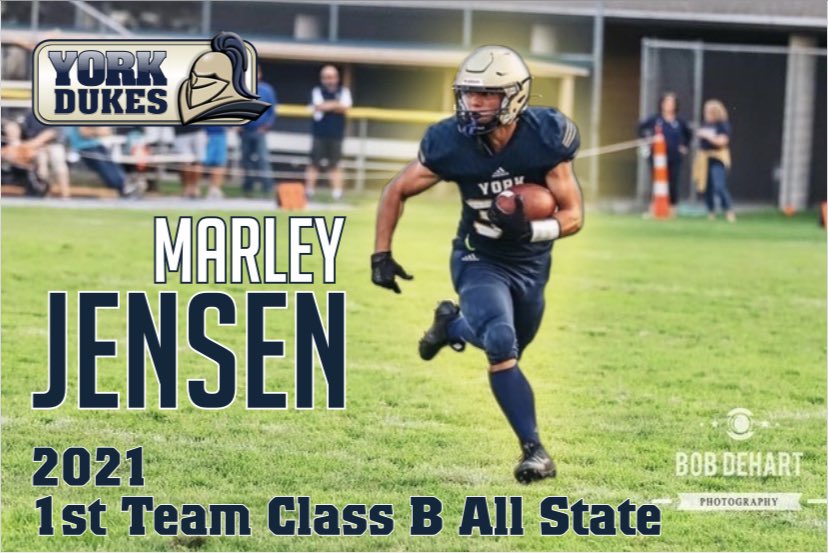YorkDukeFB's tweet photo. Our newest decoration for Levitt Field is done
-Picture by Bobby Dehart
-Banner by North Printing &amp; office supply
-All state linebacker recognition paid for by years of HARD WORK at camps &amp; in the weight room by MARLY JENSEN!
#WILDDOG ☠️🏈☠️
#YorkDukes 🔵🏈🟡
#RaiseTheBar 🏋️‍♀️🏈🏋️‍♀️ https://t.co/VCsSNyhZd0