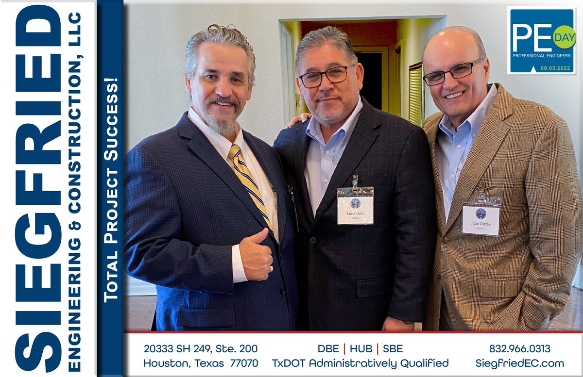 Siegfried_EC's tweet photo. #Siegfried Engineering & Construction wishes you a wonderful #LicensedPEday. It is an honor to serve among our fellow engineers to protect the public health, safety, and welfare of motorists throughout Texas.
#CivilEngineeringFirm #TxDOTprecertified #HCTRA #CEI #PSE #DBE #HUB https://t.co/NutsC5Gy73