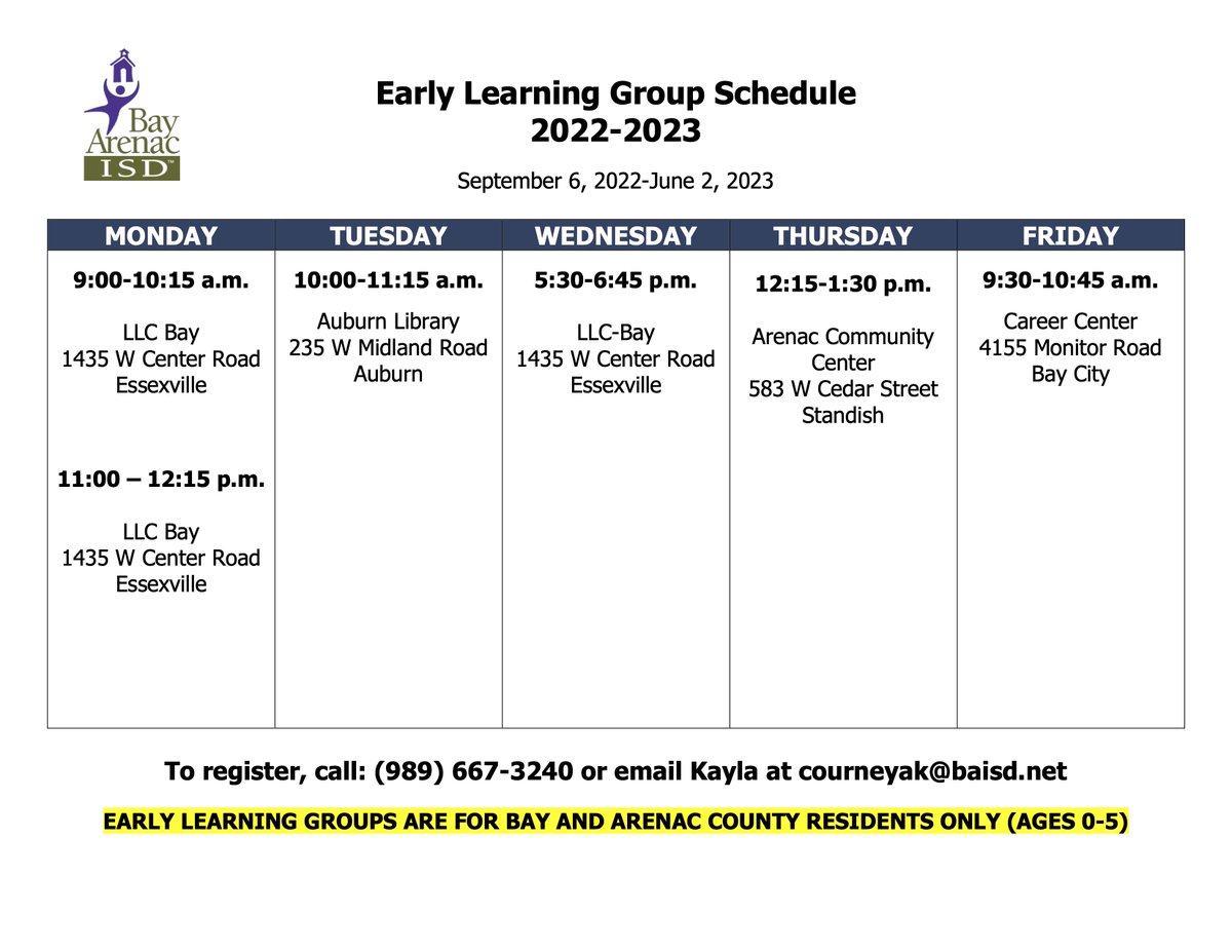 BAGreatStart's tweet photo. Time to register for the Early Learning Playgroup happening in #essexvillemi, #auburnmi, #baycitymi, and #standishmi.
Early Learning Groups are for Bay and Arenac county residents only (ages 0-5)
CALL (989) 667-3240 to register or email Kayla at courneyak@baisd.net. https://t.co/omw1CDBOUg
