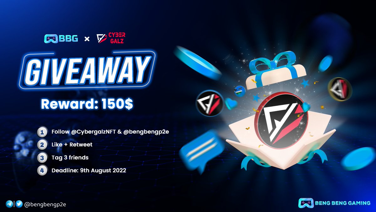 bengbengp2e's tweet photo. 🔥@CybergalzNFT X @bengbengp2e FANTASTIC GIVEAWAY 🔥

Prize: 5 winners, 30$ per one  
Rule:
1. Follow @CybergalzNFT &amp; @bengbengp2e
2. Like + Retweet 
3. Tag 3 friends 

Winners will be selected soon! 
Join now &amp; Have fun 💖💖💖

#CyberGalz #BBG #Giveaway https://t.co/MDVQi1Fbga