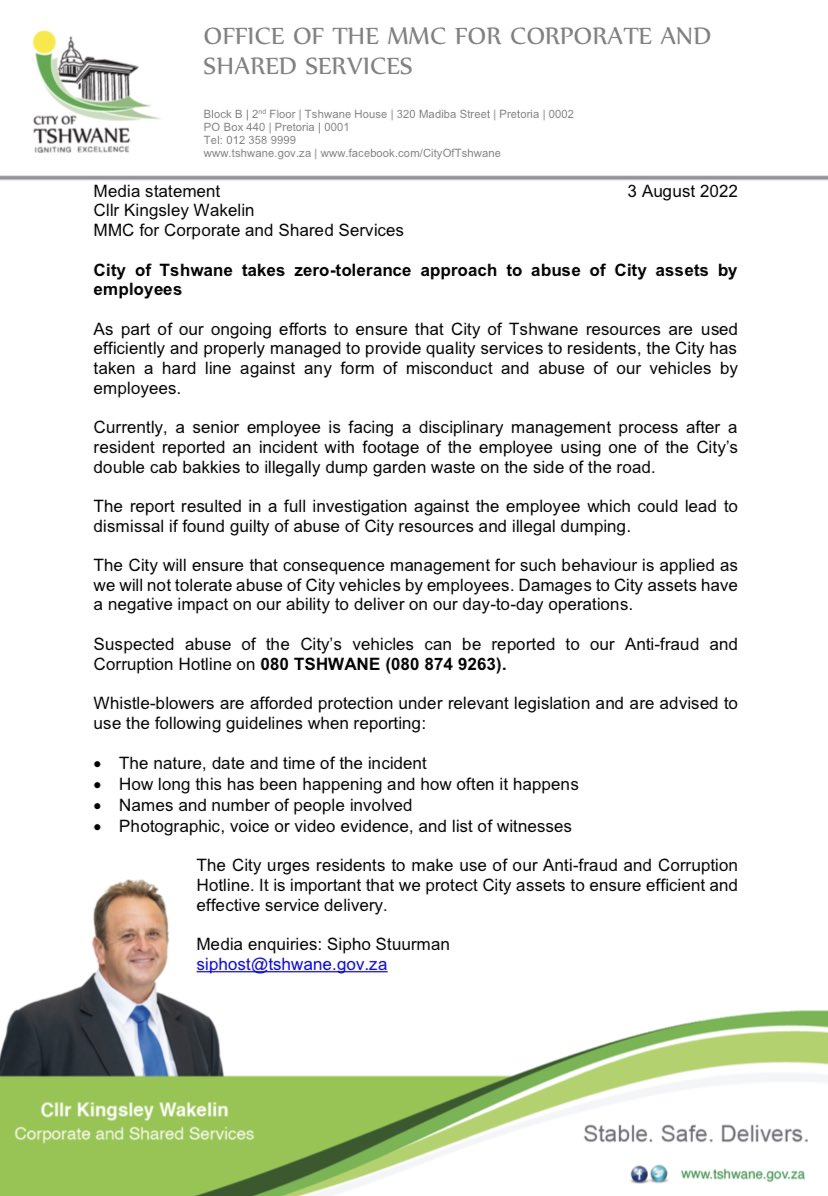 tshwane_mayor's tweet photo. Tshwane has a zero-tolerance approach to abuse of City assets by employees. Currently, a senior employee is facing disciplinary action after a resident reported an incident with footage of the employee using one of the City’s bakkies’s to dump waste on the side of the road. https://t.co/bfPr9D9lgp