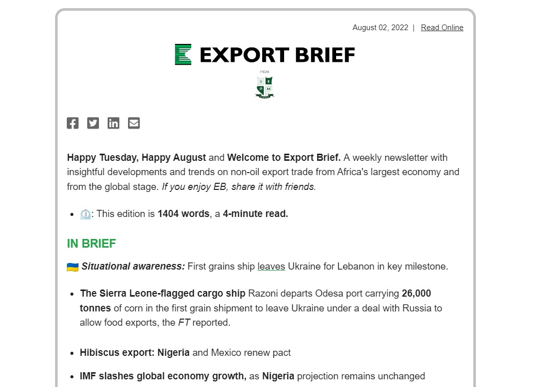 IN BRIEF: This week's edition of <a href="/ExportBrief/">Export Brief</a> is newsy and loaded with information on: 
🟢Hibiscus export 
🟢How to do export 
🟢Analysis of global economy outlook and more
Click link to read: bit.ly/3SmLn9q