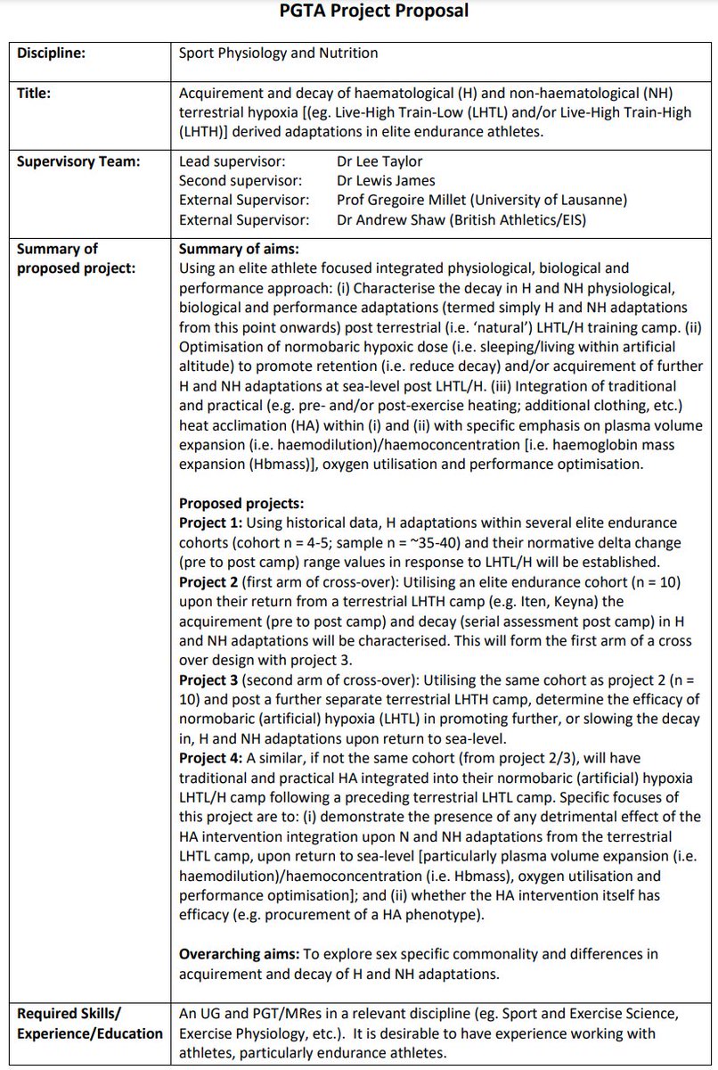 DrLeeTaylor's tweet photo. 5yr fully funded PhD with teaching assistant role (~£25-30k) @LboroSSEHS 

Altitude project avaibale with myself, @LJJ_nutrition @GregoireMillet1 @andyjshaw89 

Project Proposal QR22

Full details: https://t.co/Cl7nAIijF0

Deadline: Aug 18th

Must have right to work in UK. https://t.co/O7zktC5Cd3
