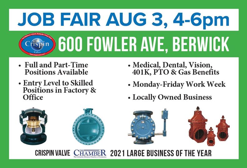 BerwickIndustr1's tweet photo. 🔆🔆Today is the day! 🔆🔆
@CrispinValve is hosting their Job Fair from 4pm - 6pm! They are asking you to bring your resume &amp; learn about the different opportunities that they have to offer. Initial interviews will be conducted on the spot! https://t.co/GhTjyjrghN