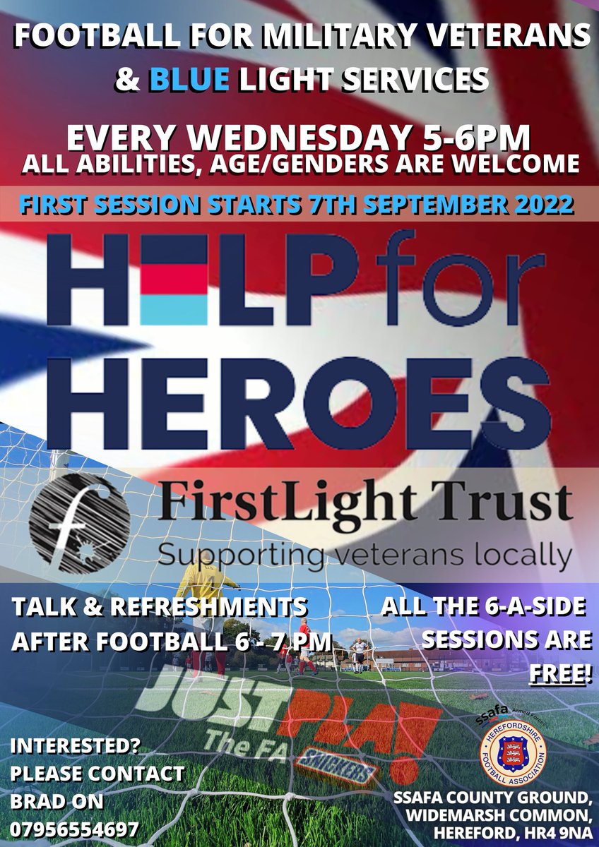 Armed Forces | We are delighted to offer a footballing opportunity for Military Veterans &amp; Blue Light Services starting on Wednesday 7th September!

Working in partnership with <a href="/HelpforHeroes/">Help for Heroes</a> and <a href="/FirstLightTrust/">FirstLight Trust</a> we will be running 6-a-side sessions on our 3G pitch.

#ArmedForces