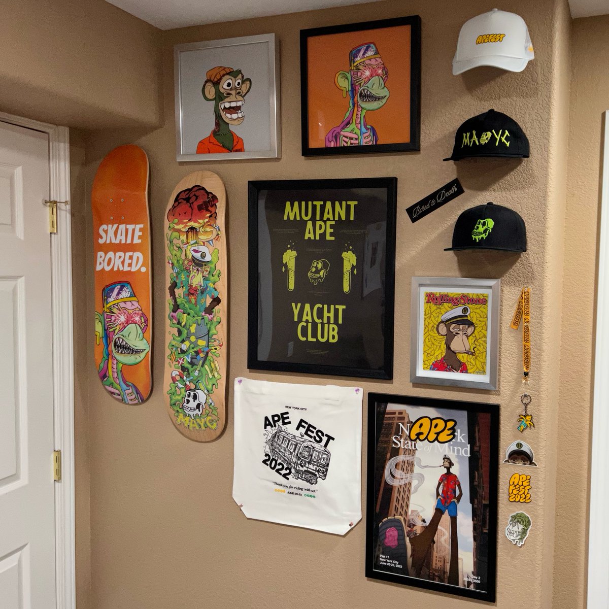 TrippyLasers's tweet photo. I did some framing and hanging this weekend. I think I'm going to need a bigger wall soon. @BoredApeYC https://t.co/g1PoQGFIMw
