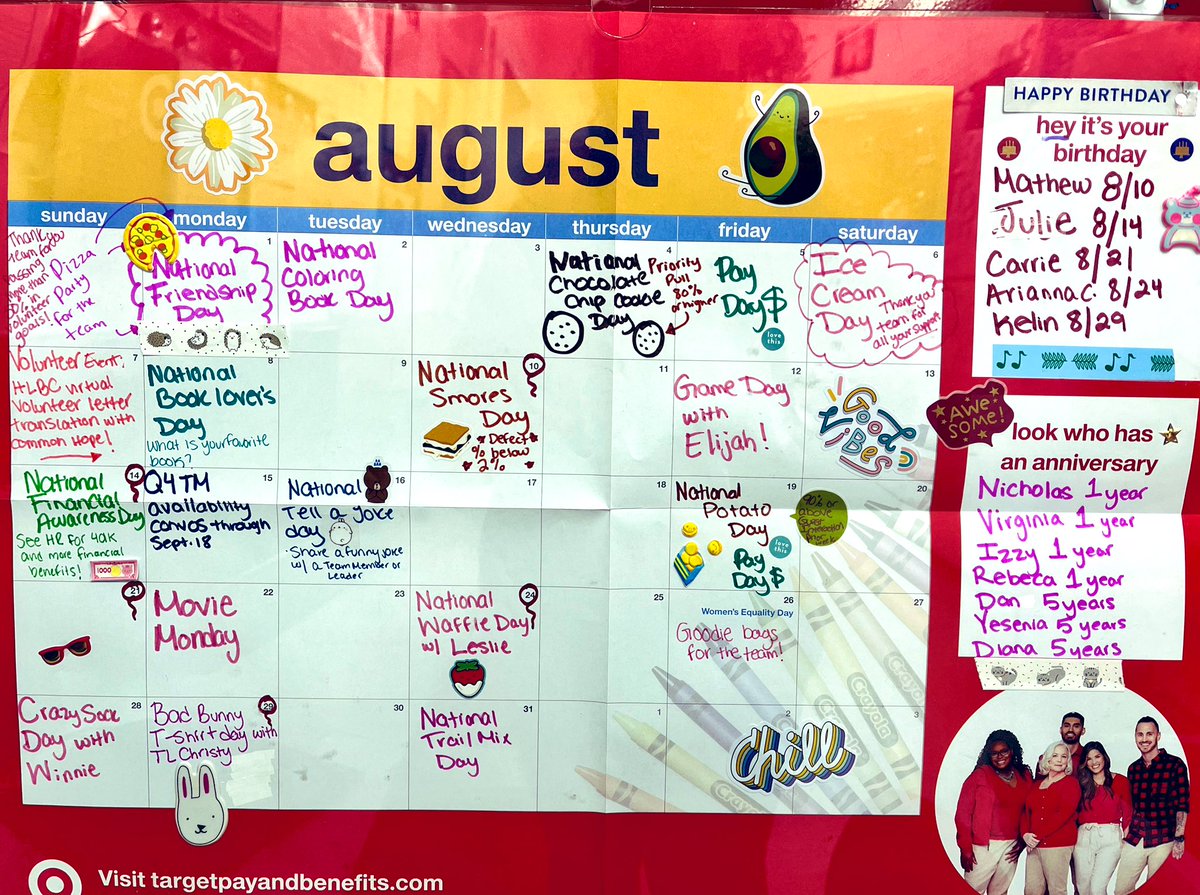 LeslieTGT's tweet photo. Happy #August! Starting Q3 with events with our leaders and all about teaching metrics π©π»βπ« #Target #T3276 #CareGrowWin #FFFCalendar #TargetCalendar https://t.co/tZdCmUQGRF
