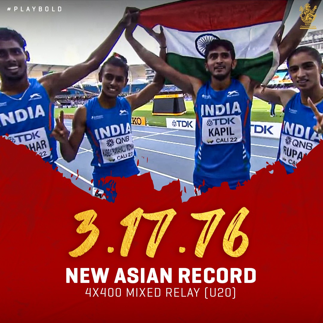 RCBTweets's tweet photo. Congratulations to the Indian team of Barath Sridhar, Priya Mohan, Kapil Chaudhary and Rupal Chaudhary for bagging the silver medal in the 4️⃣ x 1️⃣0️⃣0️⃣m relay at the World U20 Athletics Championships 2️⃣0️⃣2️⃣2️⃣. 🥈🔝

Image courtesy: Sports Authority of India

#PlayBold https://t.co/tonwRqPFlG