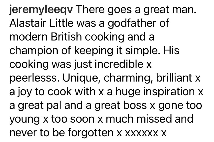 jayrayner1's tweet photo. Very sad to hear via @JLQuoVadis that the chef Alastair Little, has died. He was a hugely influential cook, one of those who defined modern British cookery through great technique, exquisite taste and a broad hinterland. He was also great fun and as Jeremy says utterly charming https://t.co/nRNEp9FAmJ