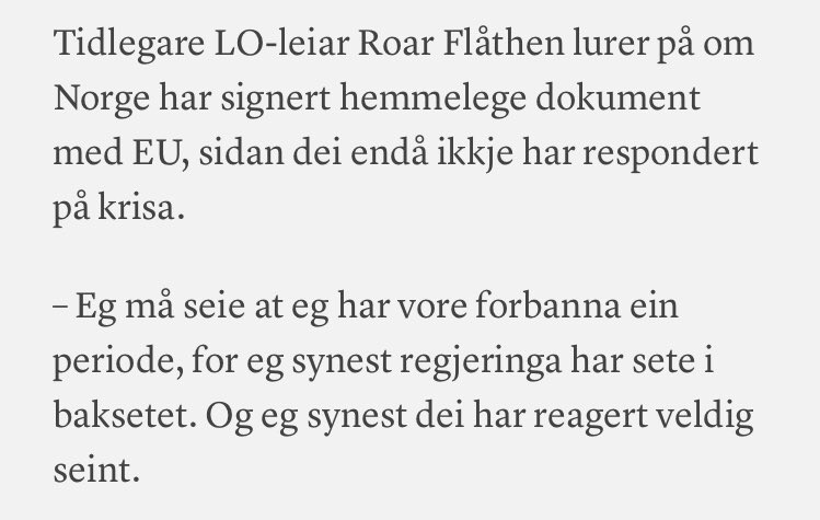 UtweetsE's tweet photo. Tidligere LO-leder Roar Flåthen sier til Klassekampen at han mistenker regjeringen har signert en hemmelig avtale med EU! Det er så klart derfor man ikke får tiltak mot økte strømpriser.
Også når ingenting kan bevises er det #EUsinskyld. Hvorfor ikke, liksom? https://t.co/Tzn54b83kM