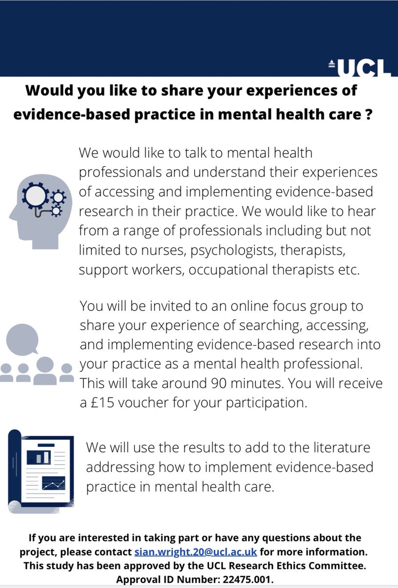 Hello Tweeps 👋🏼🎓

A fantastic <a href="/UCLPsychiatry/">UCL Psychiatry</a> MSc student is leading research to understand how mental health professionals access research and implement evidence-based practice. 

Please read the details, share widely and consider taking part in this important study 🙏🏻✨