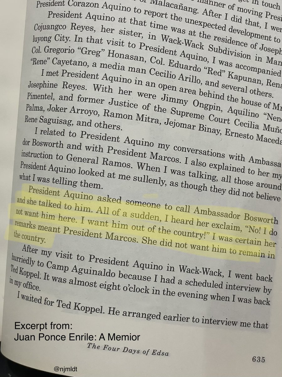 njmldt's tweet image. JPE’s version—page 635: President Aquino asked someone to call Amb Bosworth and she talked to him. All of a sudden, I heard her exclaim, “NO! I do not want him here. I want him out of the country!” 

#MAIDinMALACANANG  #MiM #Cory #Marcos Maid In Malacanang