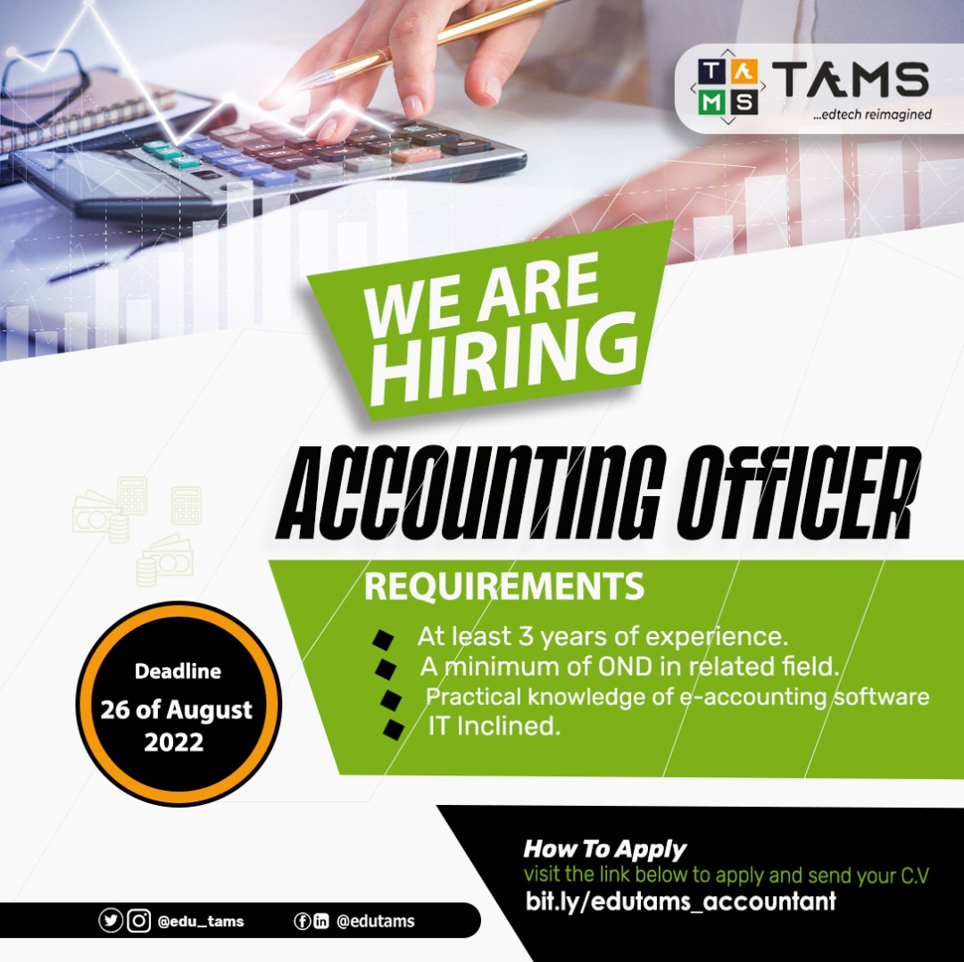 edu_tams's tweet photo. We are looking for an energetic and vibrant accounting officer to join our team.
Application Deadline: August 26th, 2022.
https://t.co/NN68BLOw03
Don't delay! Apply via the link below now.
#edtechreimagined #ogunstateministryofeducation #edutams #technology #UNICEF #Ogsera https://t.co/qrgbriVAJU