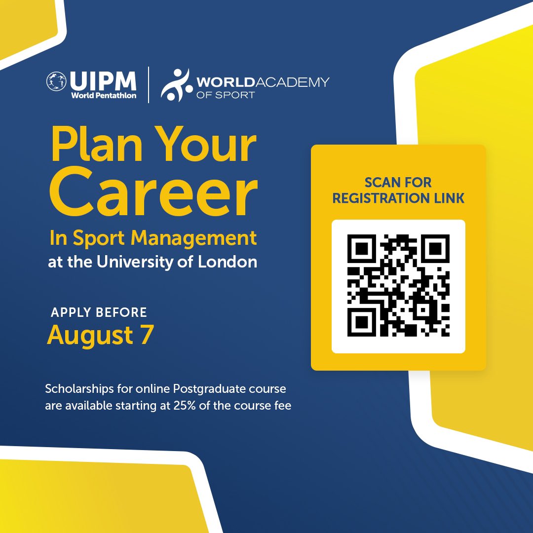 WorldPentathlon's tweet photo. Apply for scholarships with @WAoSport to gain an online qualification in Sport Management from the prestigious @LondonU 💪🧑‍🎓

https://t.co/WDvdwzaVdQ https://t.co/FwYWlvJgVw