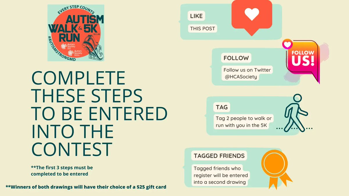 autismsocietymd's tweet photo. Are you looking for people to join your team for the Every Step Counts Autism Walk & 5K? Join the fun with our social media contest to recruit your team members. Just follow the steps listed below and you will be entered to win a $25 gift card!
#AutismStrongMD #MarylandAutism https://t.co/WMRXjyZc0K