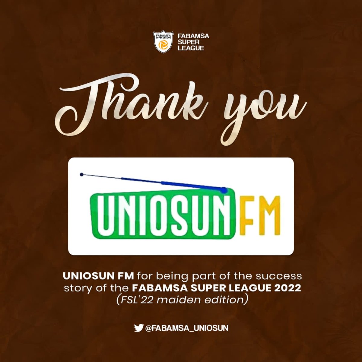 FABAMSA_UNIOSUN's tweet photo. A very big shout out to the Number 1 online radio station and Media Brand @UniosunFm
Thank you for the support from Day 1.
We appreciate you and your brand! Together we take #FSL to a greater height next year
#FSL #FABAMSASuperLeague #FSLTheBeginning #FSLUNIOSUN https://t.co/5L2BPfl443