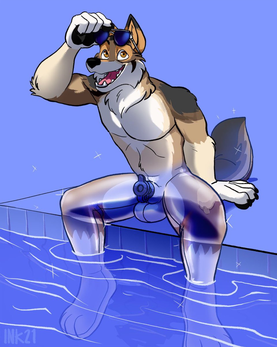 HansFaffing's tweet photo. Someone told him he'd make a great pool float for them and wolfdog got excited! 

...Do you think he realizes yet? 

Art: @Inklingss! https://t.co/CC7tpEObRl