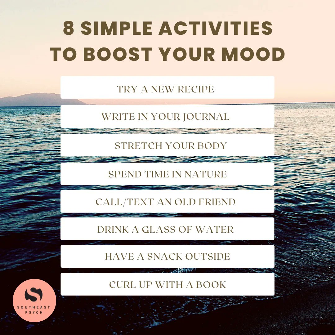 SoutheastPsych's tweet photo. If you're in a funk or need a mood booster, try one of these simple activities!
.
.
#mood #moodboost #selflove #selfcare #therapy #counseling #psychology #simpletips https://t.co/DZ4w7leGSP