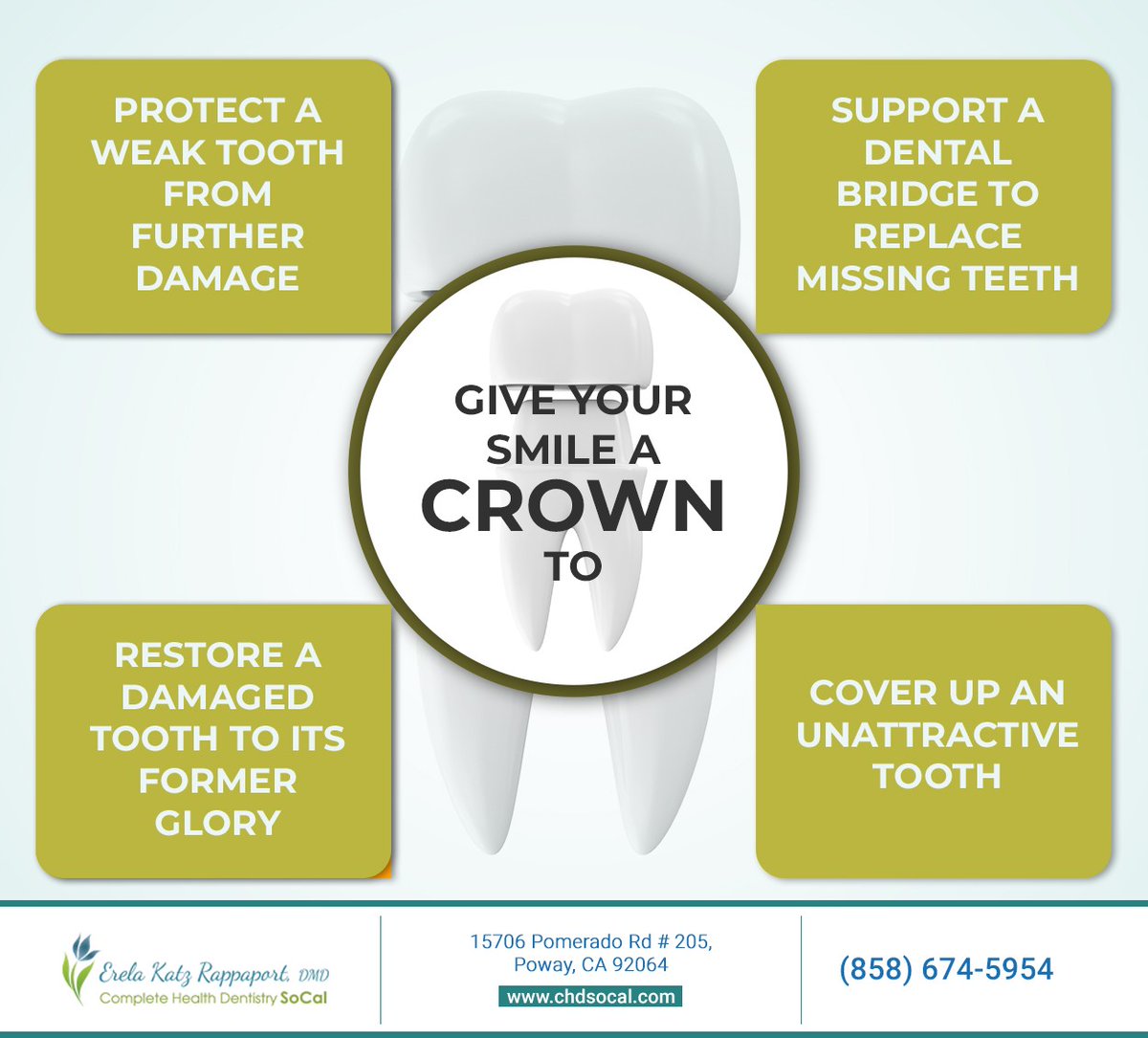 Your smile can benefit from a dental crown in many different ways. Erela Katz Rappaport DMD Complete Health Dentistry SoCal provides custom-made, attractive dental crowns to elevate your smile. #dentalcrown #damagedtooth #ErelaKatzRappaportDMD #Poway #CA