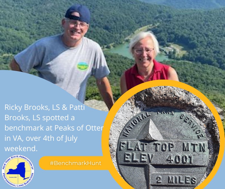 nysapls's tweet photo. #BenchmarkHunt #NYSAPLS members and licensed professional surveyors Ricky and Patti Brooks spotted a benchmark at Peaks of Otter in Virginia over the #FourthofJuly Weekend! https://t.co/nRr6ILINba