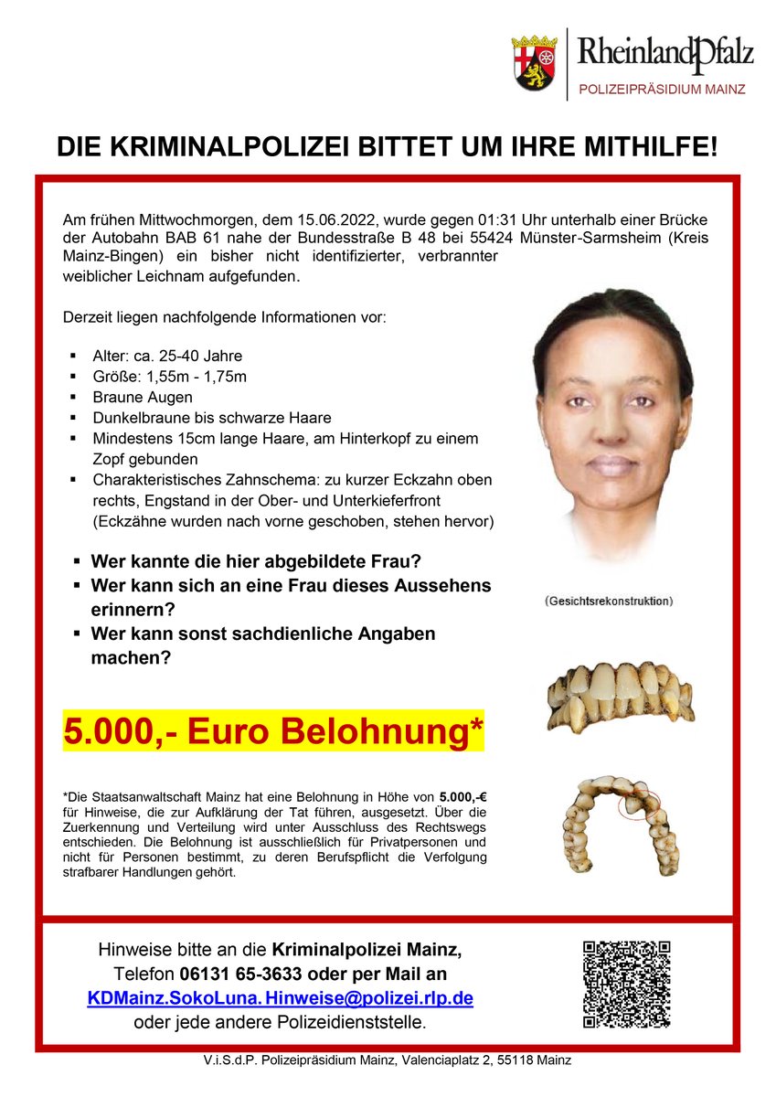 🚨Fahndung🚨 Nachdem im Juni eine weibliche, verbrannte Leiche gefunden wurde, konnte von unserer SoKo das Gesicht der unbekannten Toten rekonstruiert werden. Es wurde eine Belohnung ausgesetzt für Hinweise, die zur Aufklärung der Tat führen. 
👇
s.rlp.de/Aoe0S