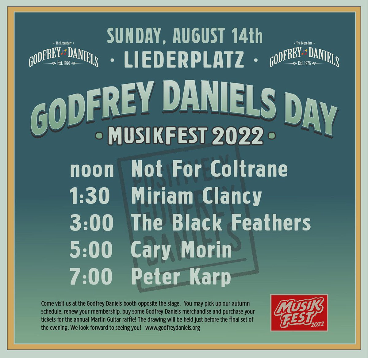 So thrilled to once again present GODFREY Daniels Day at Musikfest 2022! Sunday, Aug. 14th, beginning at noon on the Liederplatz stage. Come out for a day of great music and get your tickets to win a Martin guitar!